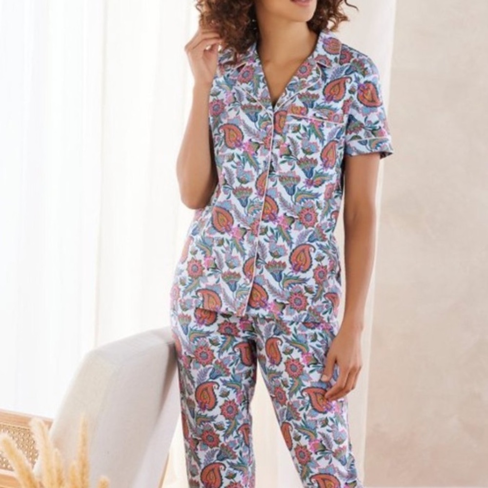 Soft Surroundings Harbour Orleans Blue Floral Paisley Button Up Crop Pajama Set - Picture 3 of 14